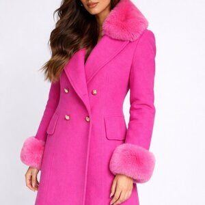 W428F2 Hot Pink Detachable Collar and Cuff Faux Fur Coat